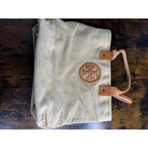 Tory Burch Ella Canvas Tote Bag Beige Tan Leather Trim Large Shoulder Bag